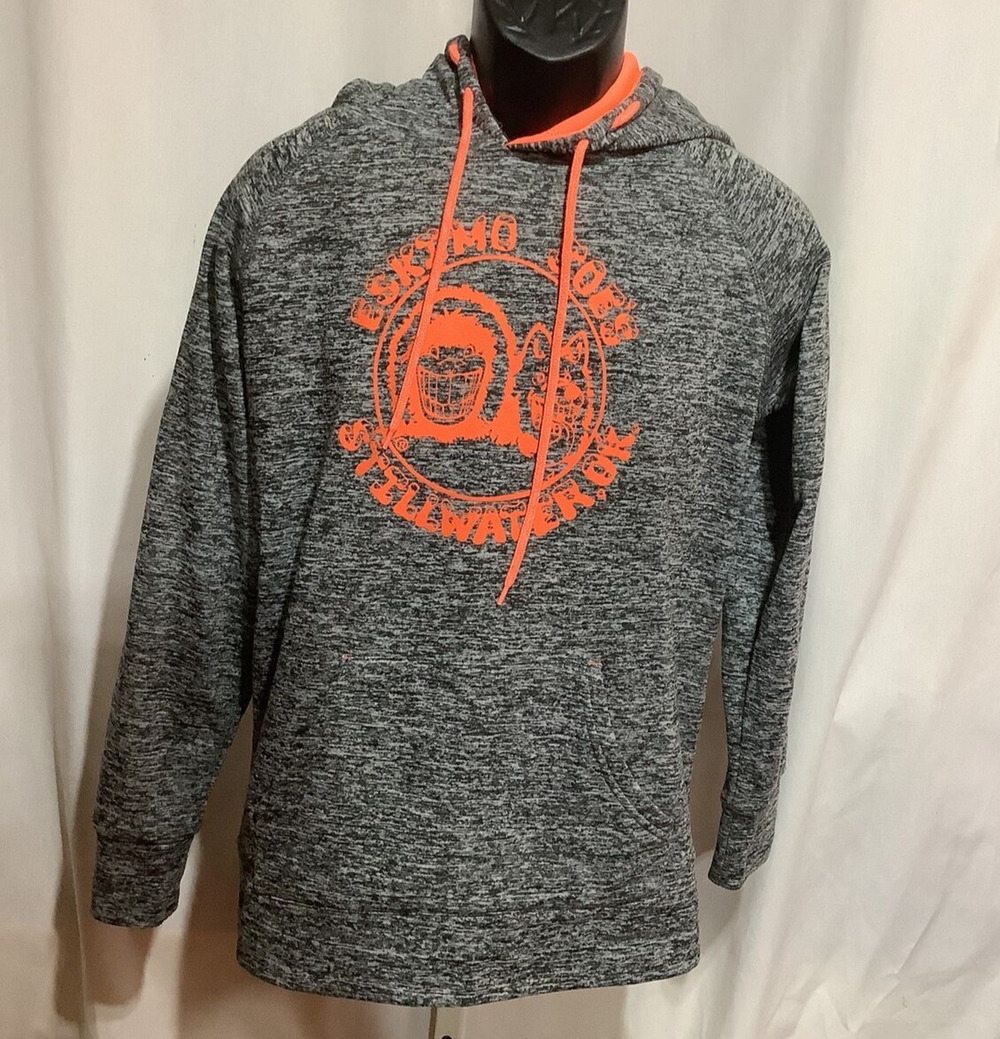 Eskimo Joes Stillwater OK Hoodie Sweatshirt Mens M Gray Heather Neon Orange Cowl